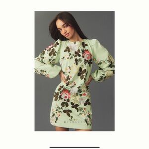 Anthropologie Floral Embroidered Mini Dress - Green Multi